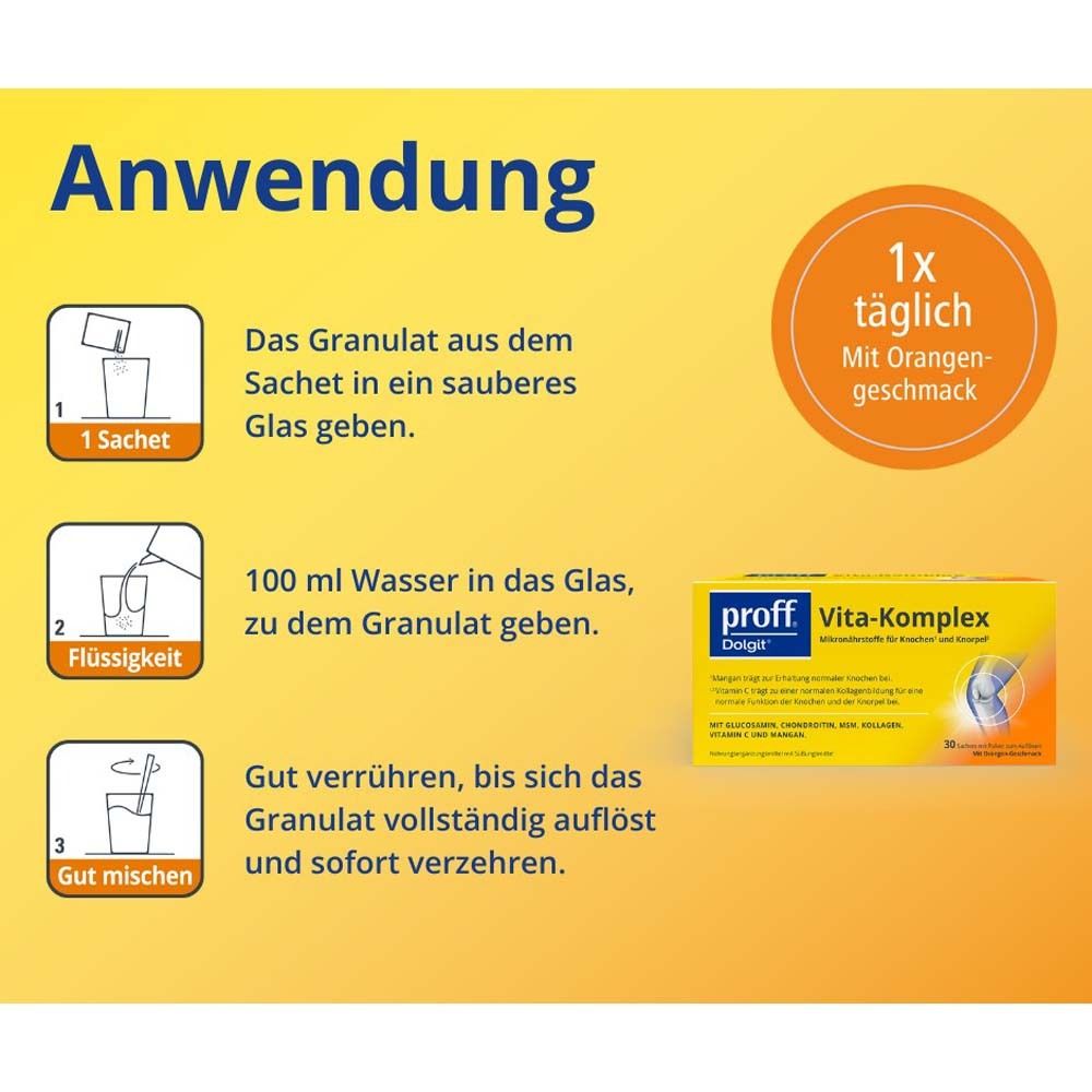 Anwendungshinweise: Granulat in Glas, Wasser hinzufügen, verrühren. "proff Dolgit Vita-Komplex" Packung, 1x täglich.