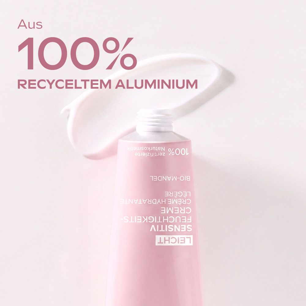 Rosa Tube mit weißer Creme und Aufschriften. Text: Sensitiv Leicht Feuchtigkeitscreme.