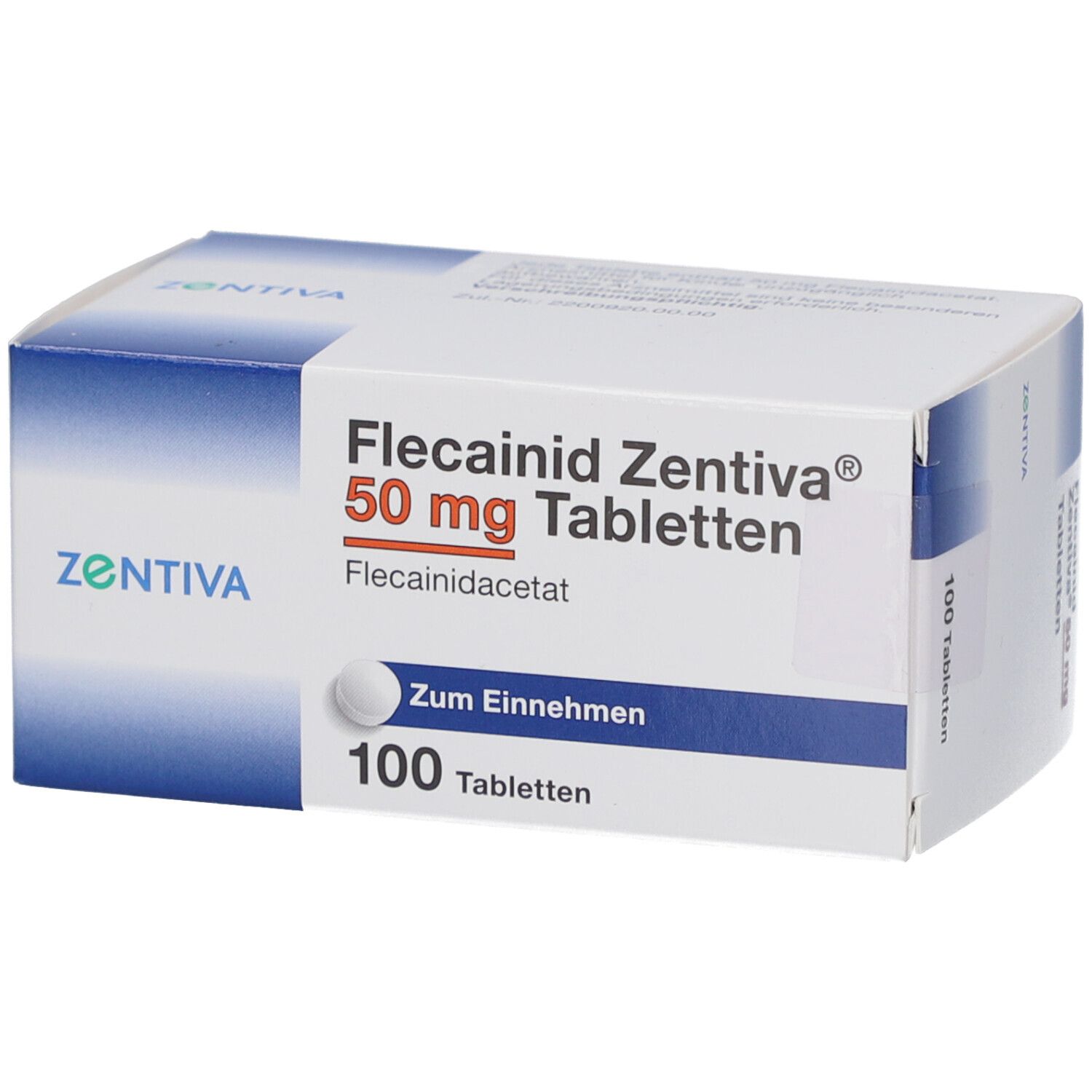 Schachtel mit FLECAINID Zentiva 50 mg Tabletten. Blaue und weiße Verpackung. 100 Tabletten. Text: Zum Einnehmen.