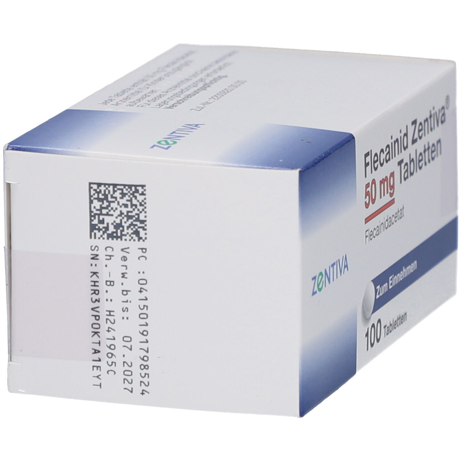 Seitenansicht der Schachtel mit FLECAINID Zentiva 50 mg Tabletten. Weiße Verpackung mit blauen Akzenten. Barcode und Text.