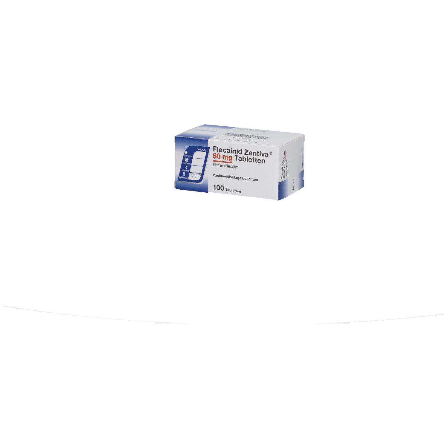 Schachtel mit FLECAINID Zentiva 50 mg Tabletten. Weiße Verpackung mit blauen Akzenten. 100 Tabletten.