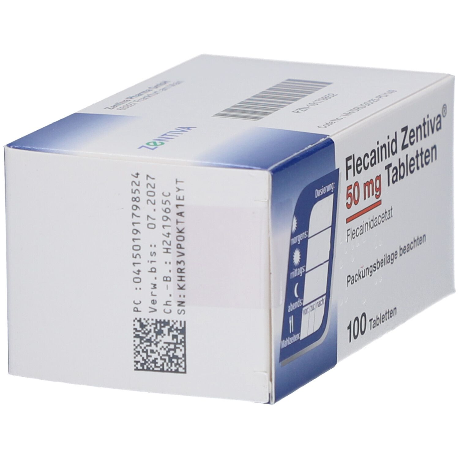 Schachtel mit FLECAINID Zentiva 50 mg Tabletten. Weiße Verpackung mit blauen Akzenten. Barcode und Text.