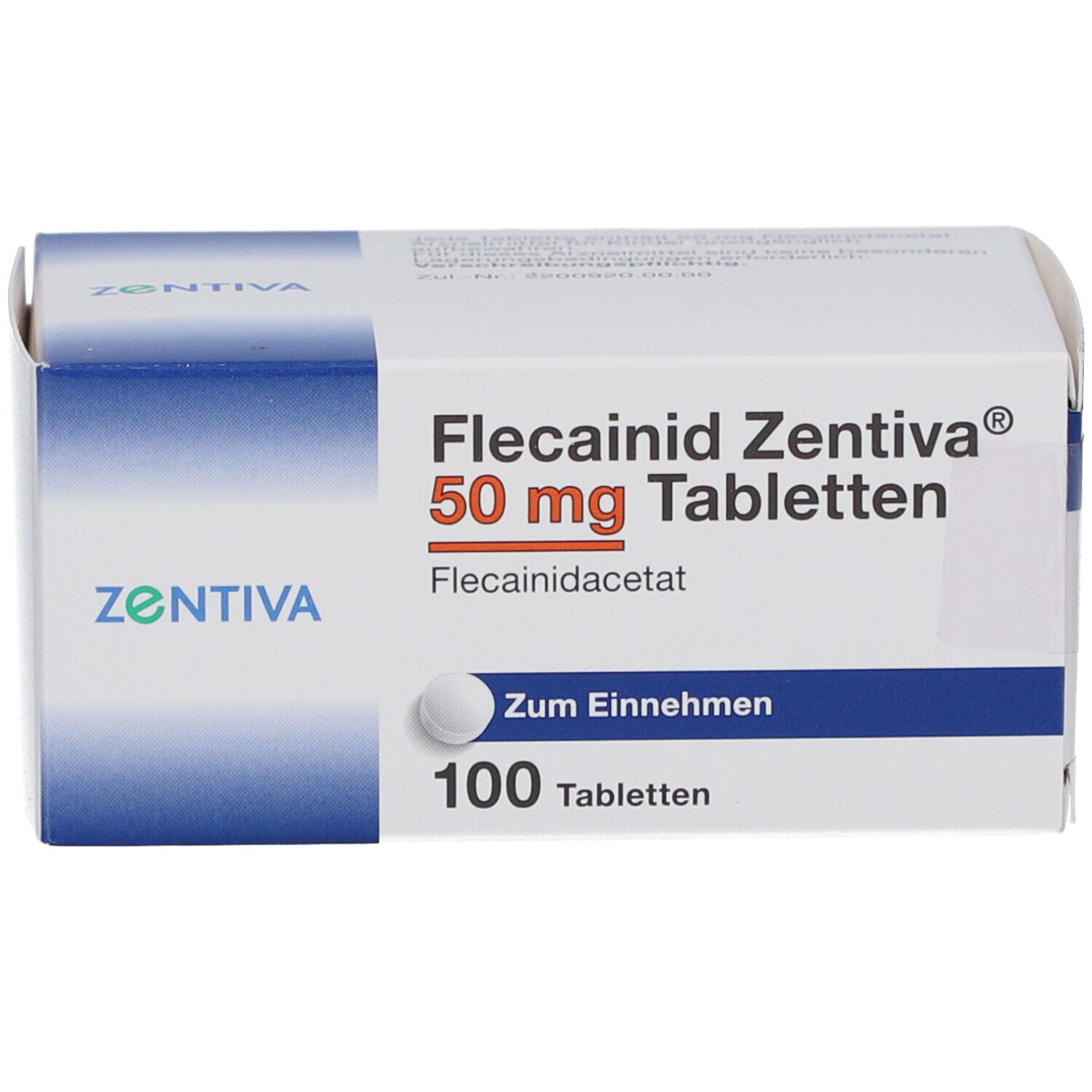 Schachtel mit FLECAINID Zentiva 50 mg Tabletten. Blaue und weiße Verpackung. 100 Tabletten. Text: Zum Einnehmen.