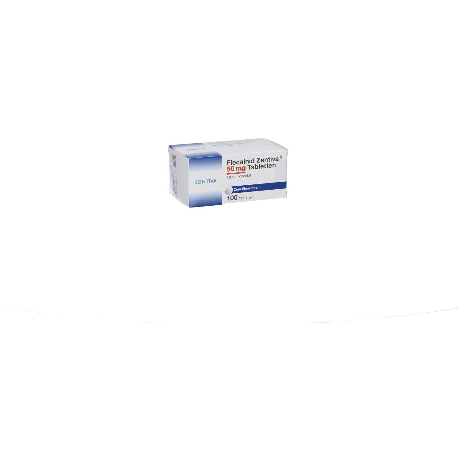 Schachtel mit FLECAINID Zentiva 50 mg Tabletten. Weiße Verpackung mit blauen Akzenten. 100 Tabletten.