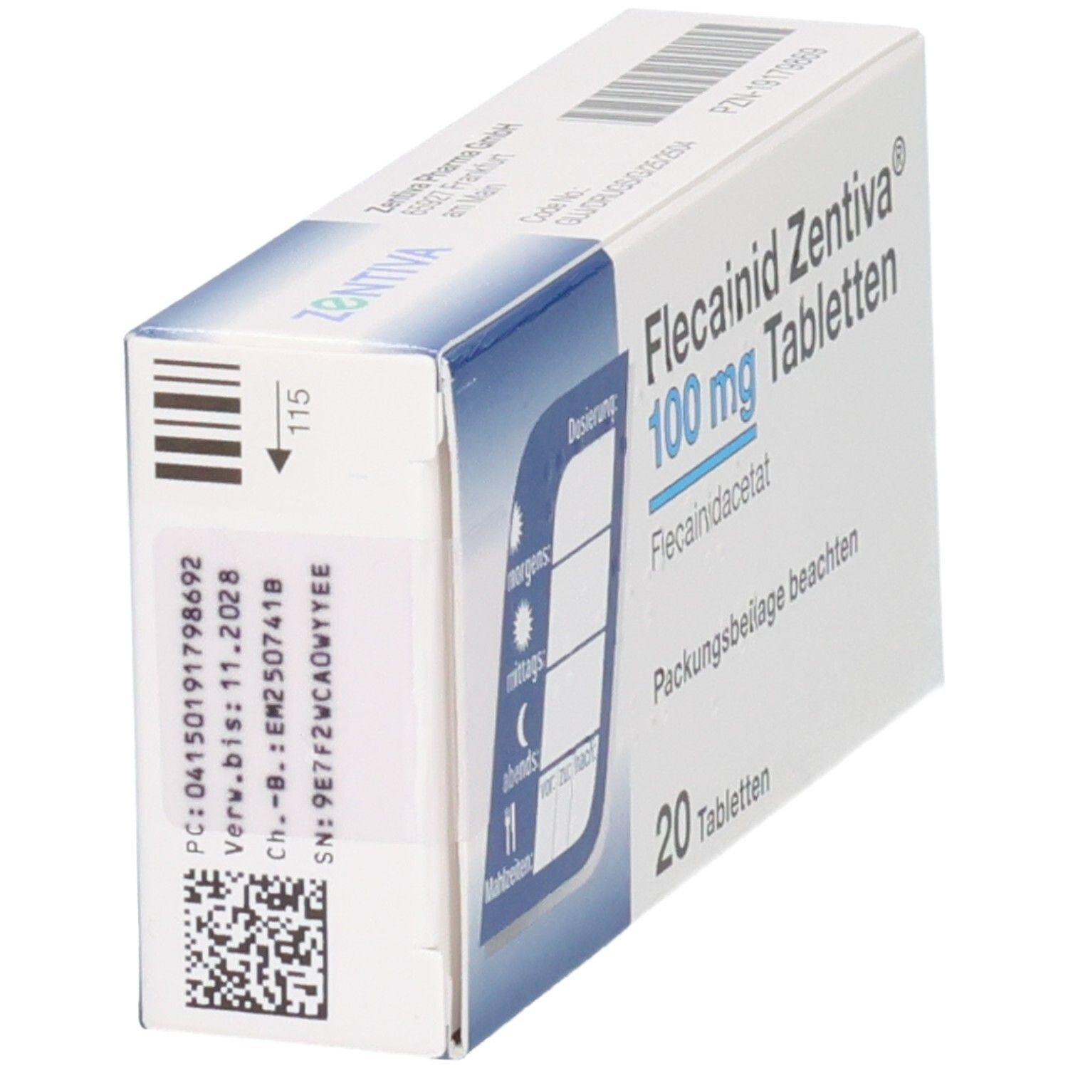 Flecainid Zentiva 100 mg Tabletten, 20 Tabletten. Packungsbeilage beachten. Chargennummer und Verfallsdatum sichtbar.