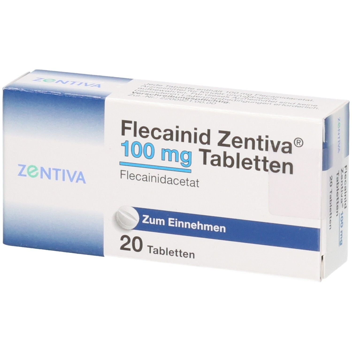 Flecainid Zentiva 100 mg Tabletten, 20 Tabletten. Zentiva Logo. Ein einzelnes Tablette ist sichtbar.