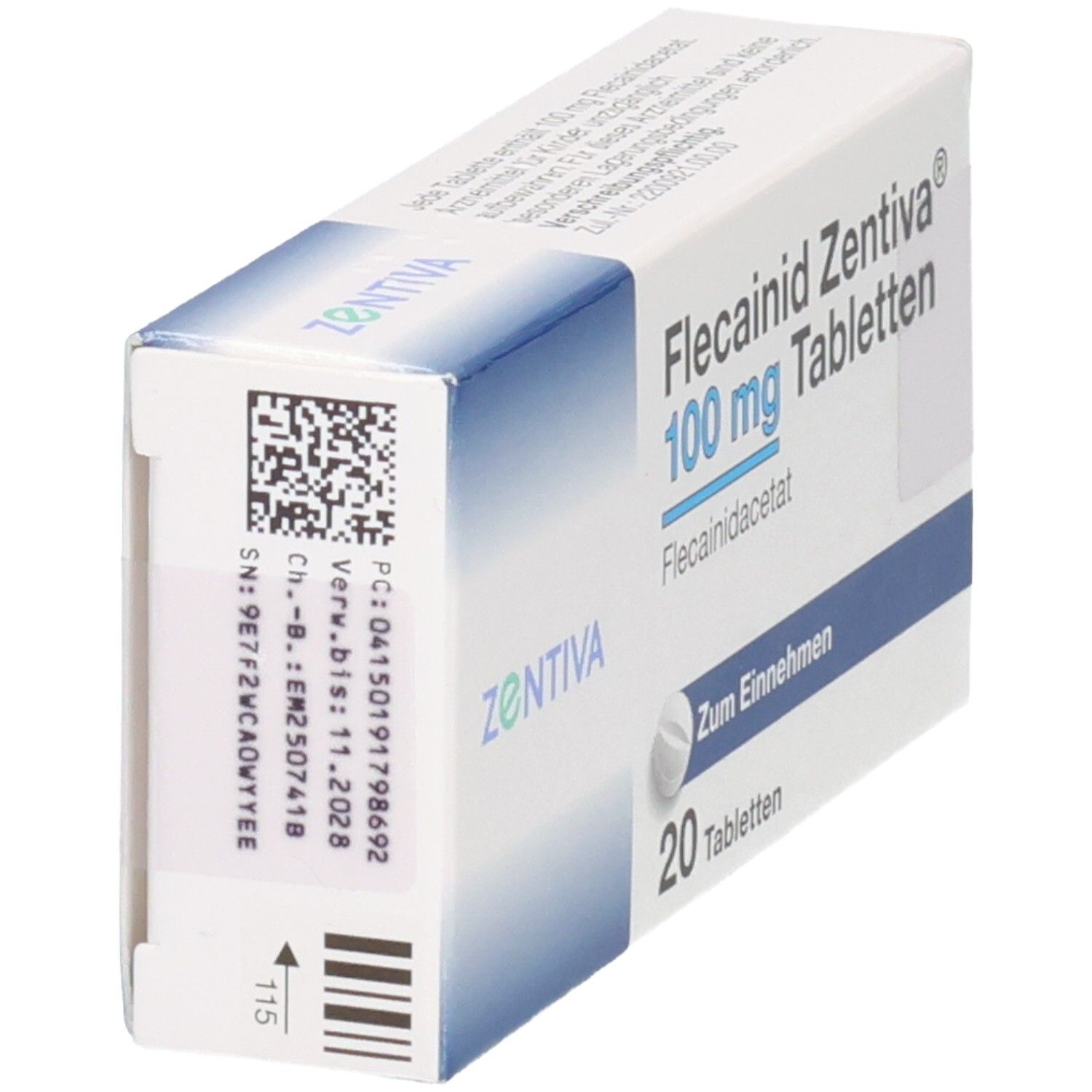 Flecainid Zentiva 100 mg Tabletten, 20 Tabletten. Zentiva Logo. Chargennummer und Verfallsdatum sichtbar.