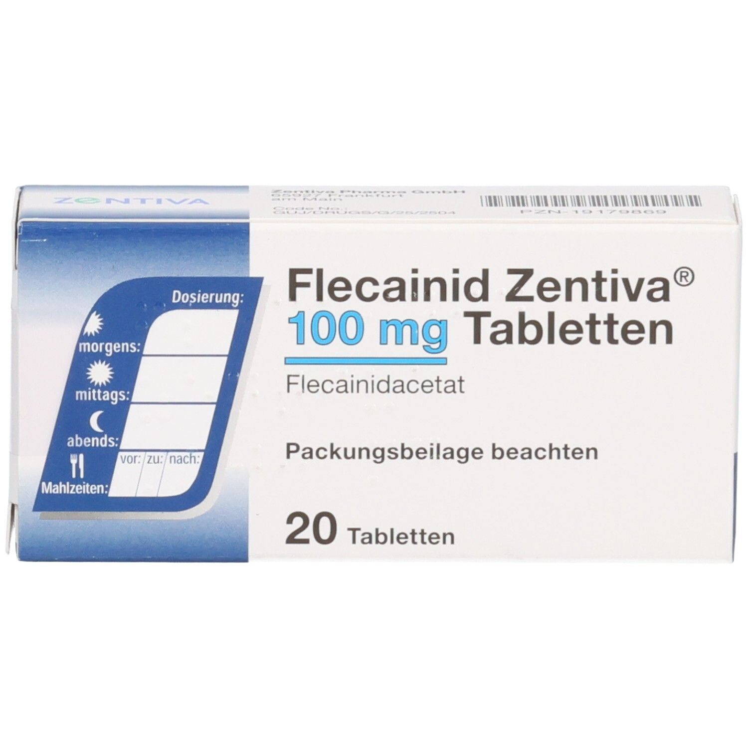 Flecainid Zentiva 100 mg Tabletten, 20 Tabletten. Dosierungsschema auf der linken Seite.