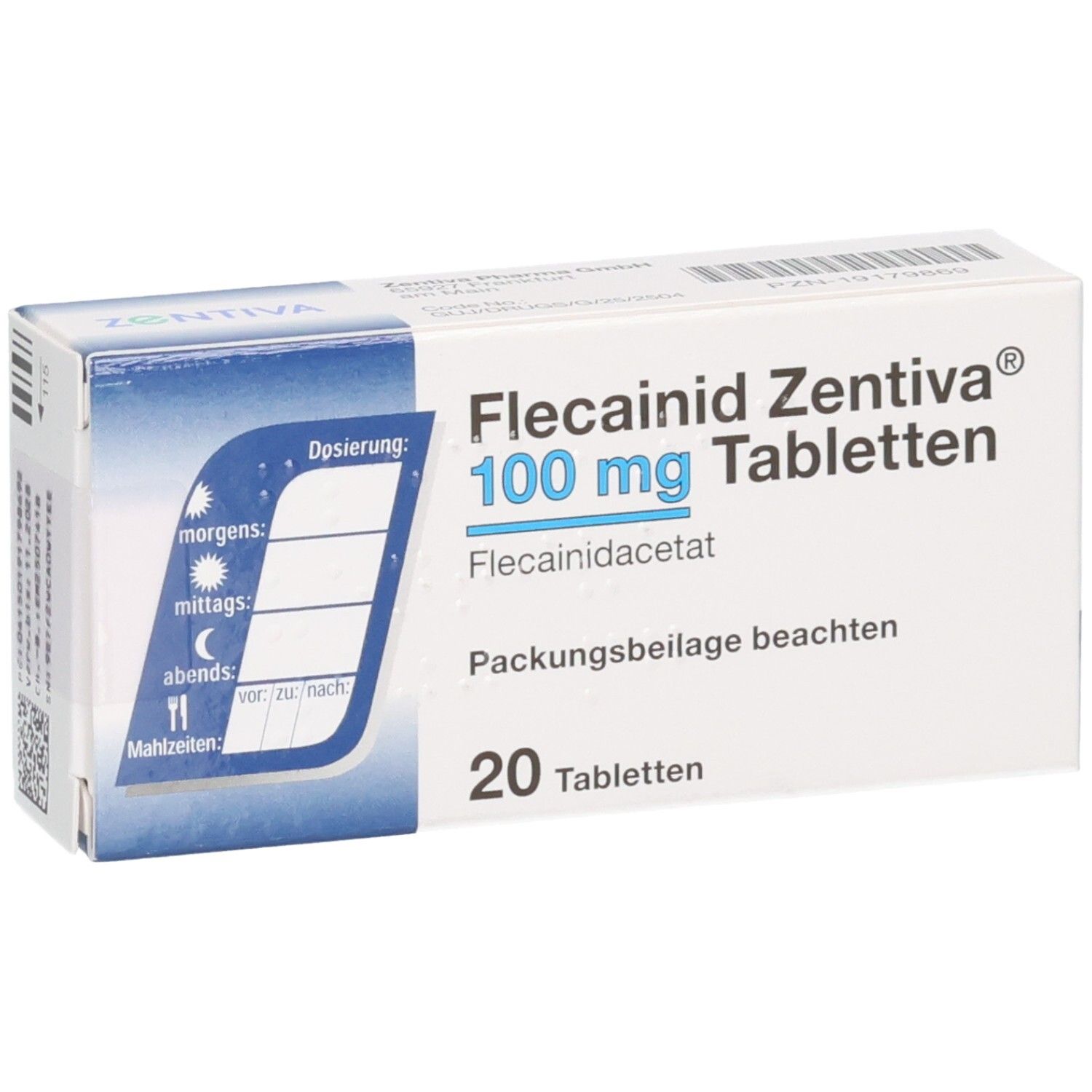 Flecainid Zentiva 100 mg Tabletten, 20 Tabletten. Dosierungsschema auf der linken Seite.