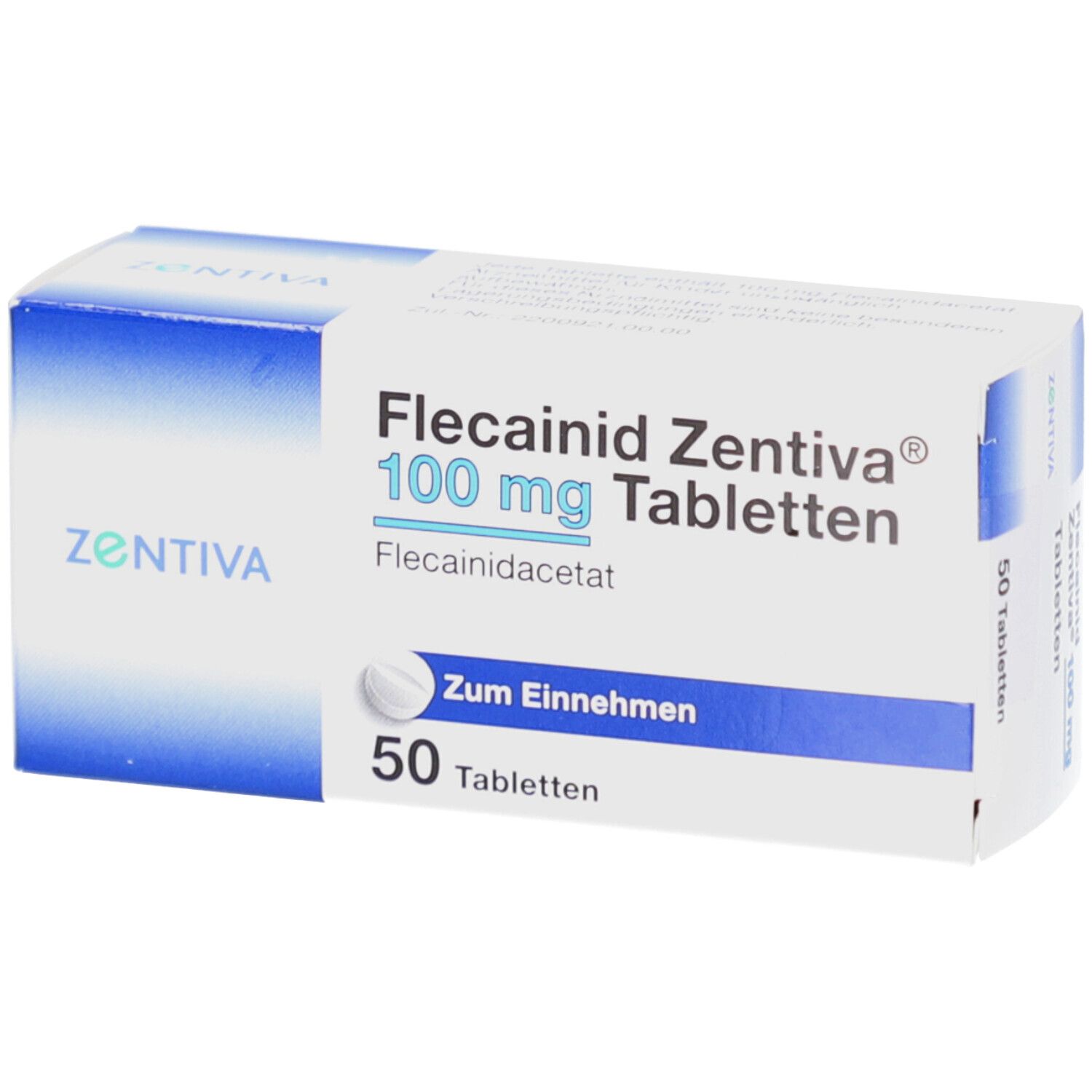 Weiße Tablettenpackung mit blauen Akzenten. Aufschrift: Flecainid Zentiva 100 mg Tabletten, 50 Tabletten. Zentiva Logo.