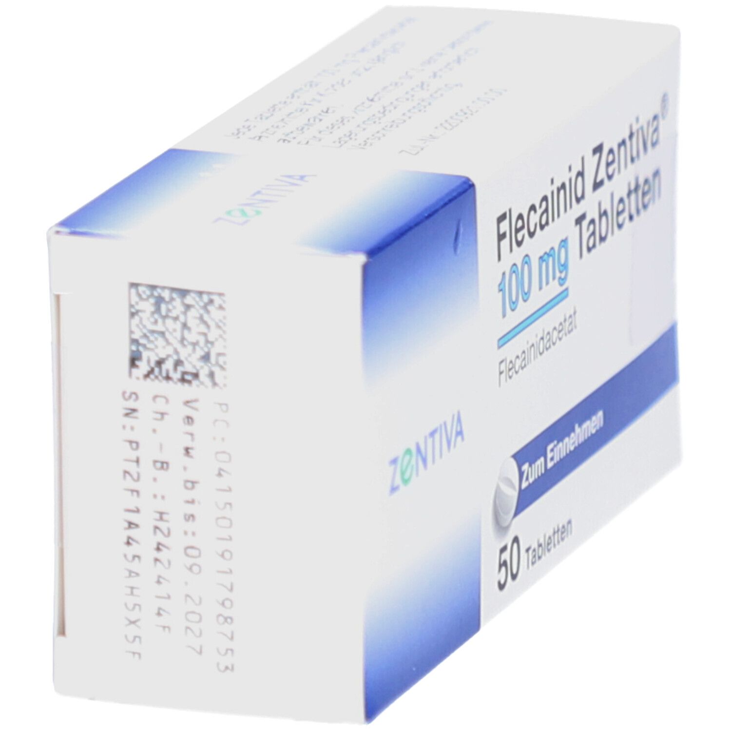 Schräg gestellte Tablettenpackung. Aufschrift: Flecainid Zentiva 100 mg Tabletten, 50 Tabletten. Barcode und Chargennummer.