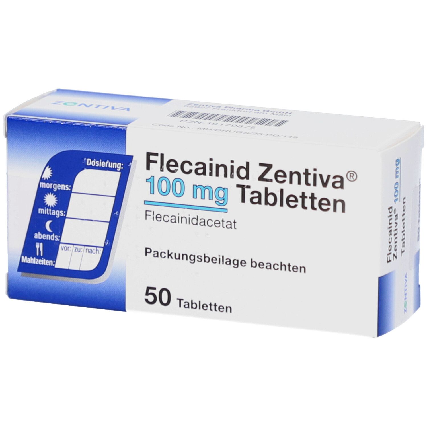 Tablettenpackung mit Dosierungsanleitung. Aufschrift: Flecainid Zentiva 100 mg Tabletten, 50 Tabletten. Zentiva Logo.