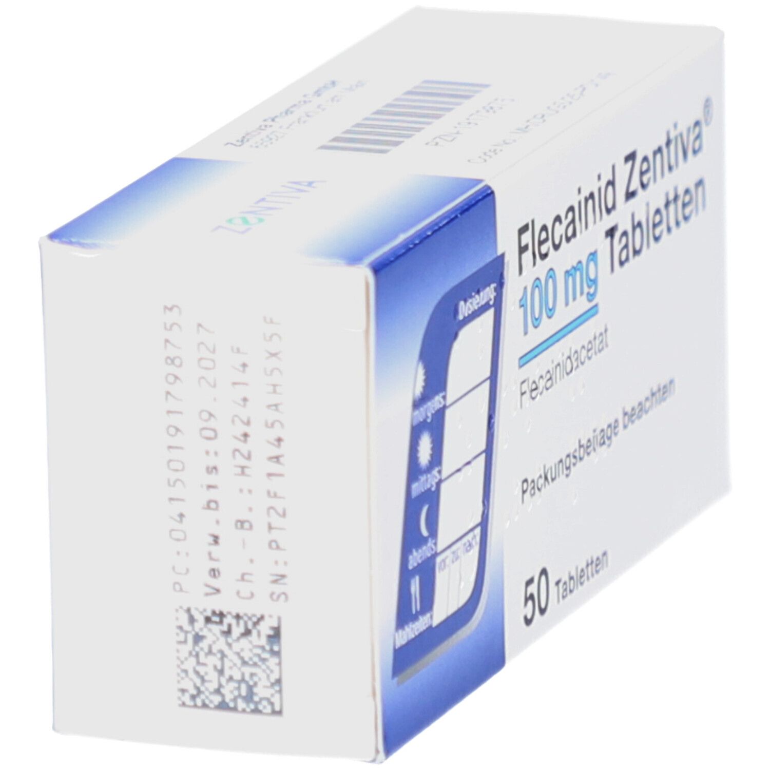 Schräg gestellte Tablettenpackung mit Dosierungsanleitung. Aufschrift: Flecainid Zentiva 100 mg Tabletten, 50 Tabletten. Barcode.
