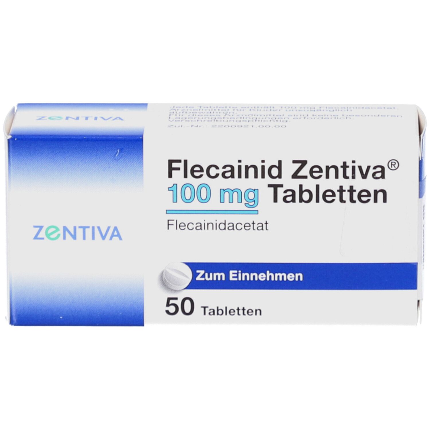 Weiße Tablettenpackung mit blauen Akzenten. Aufschrift: Flecainid Zentiva 100 mg Tabletten, 50 Tabletten. Zentiva Logo.