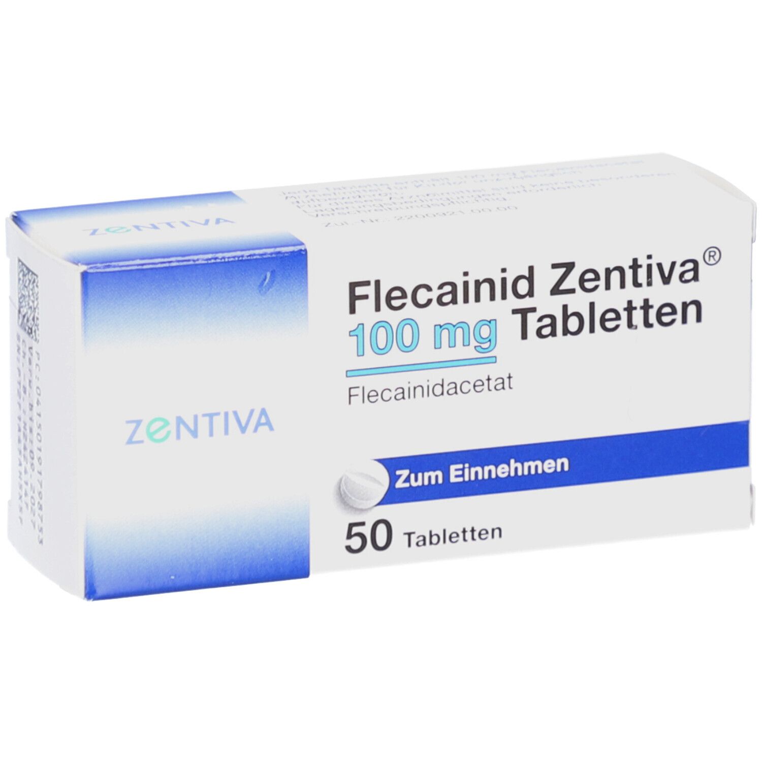 Tablettenpackung mit blauen Akzenten. Aufschrift: Flecainid Zentiva 100 mg Tabletten, 50 Tabletten. Zentiva Logo.
