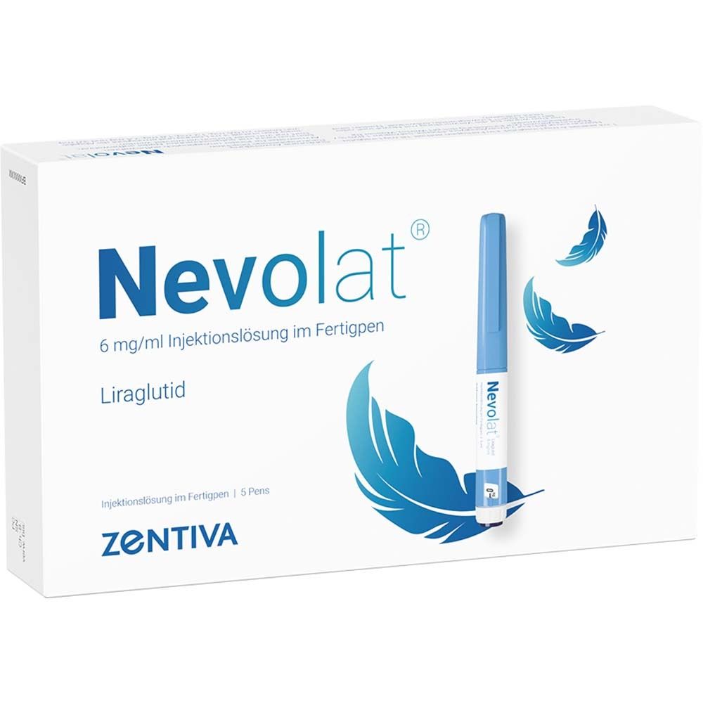Packung mit Fertigpens. Aufschrift: Nevolat 6 mg/ml Injektionslösung. Enthält 5 Pens. Zentiva-Logo. Ein Pen liegt daneben.