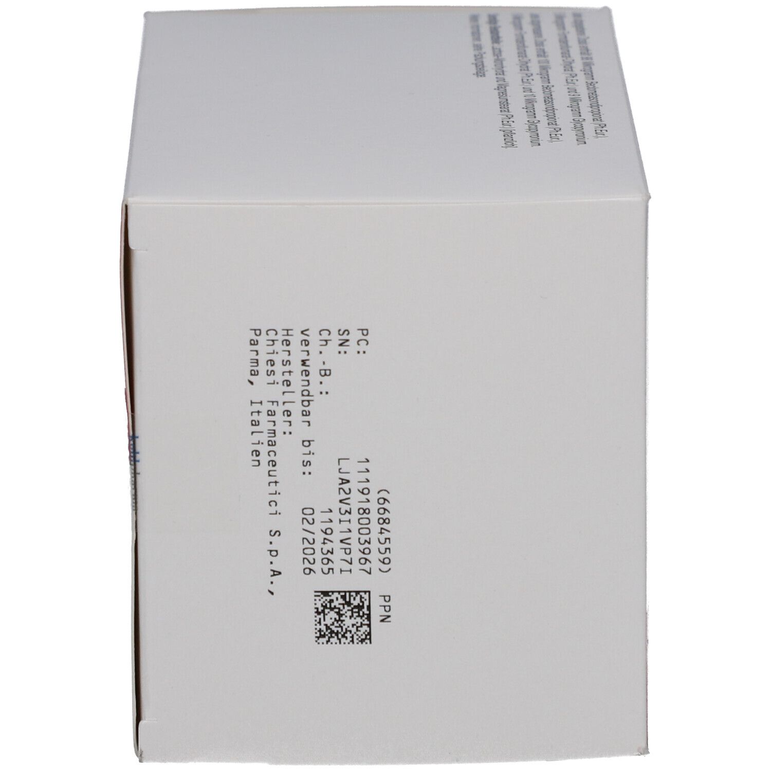Weiße rechteckige Verpackung. Text mit Produktinformationen und Herstellerangaben. QR-Code und Chargennummer.