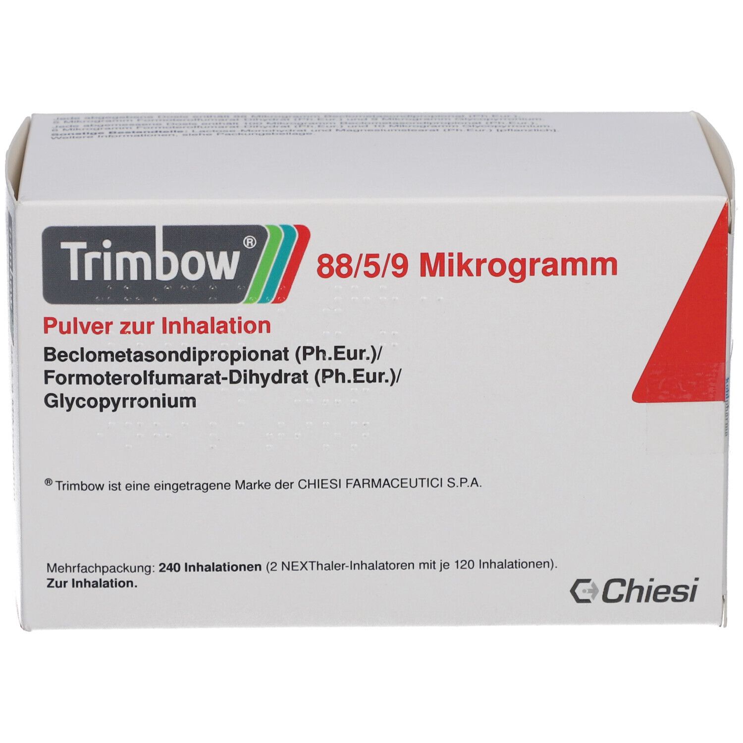 Weiße Verpackung mit rotem Akzent. Aufschrift: Trimbow 88/5/9 Mikrogramm. Pulver zur Inhalation. Herstellerlogo.