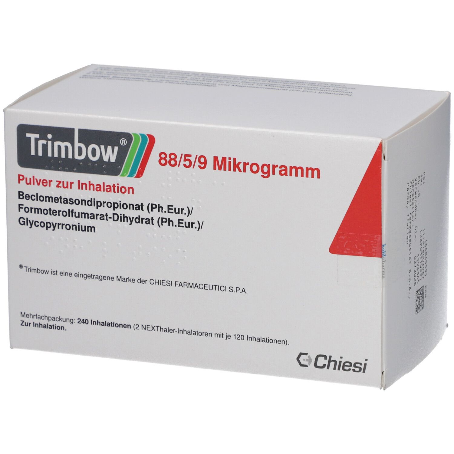 Weiße Verpackung mit rotem Akzent. Aufschrift: Trimbow 88/5/9 Mikrogramm. Pulver zur Inhalation. Herstellerlogo.