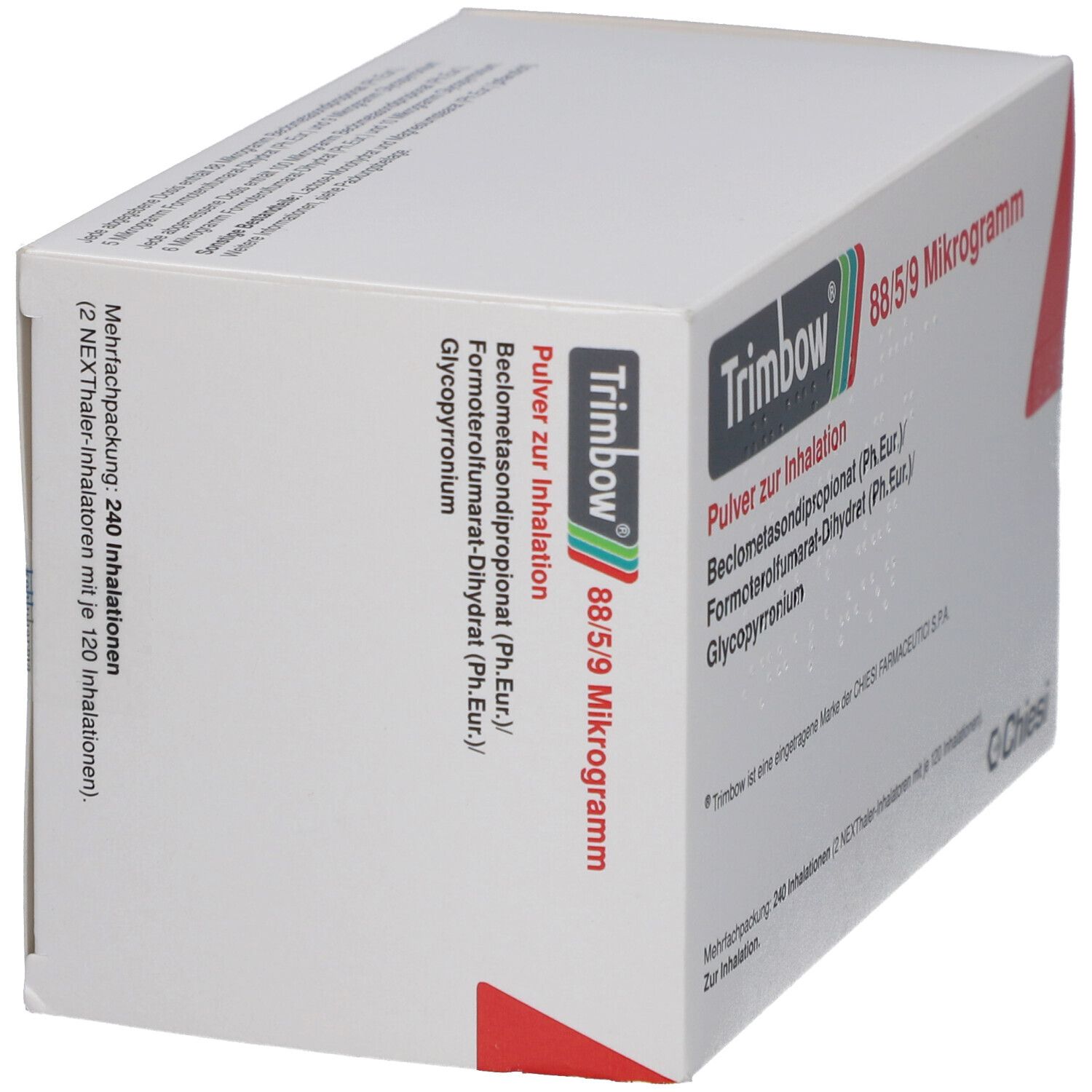 Weiße Verpackung mit rotem Akzent. Aufschrift: Trimbow 88/5/9 Mikrogramm. Pulver zur Inhalation. Herstellerlogo.