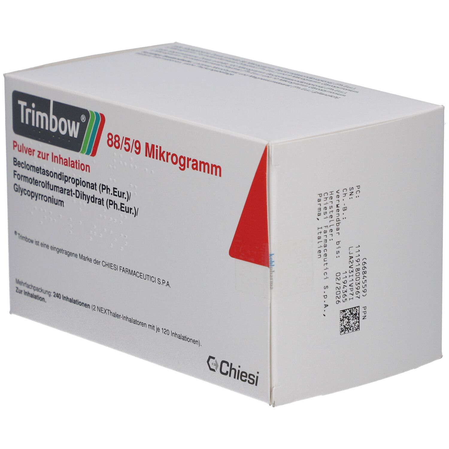 Weiße Verpackung mit rotem Akzent. Aufschrift: Trimbow 88/5/9 Mikrogramm. Pulver zur Inhalation. Herstellerlogo. QR-Code.