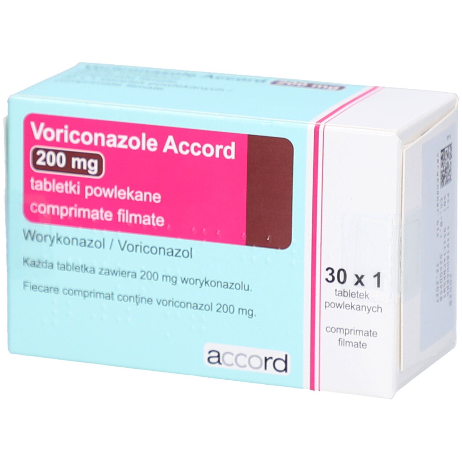 Schachtel mit VORICONAZOL Accord 200 mg Filmtabletten. Aufschrift: 200 mg, Tabletten, 30 x 1. Rosa und blaue Farbgebung.