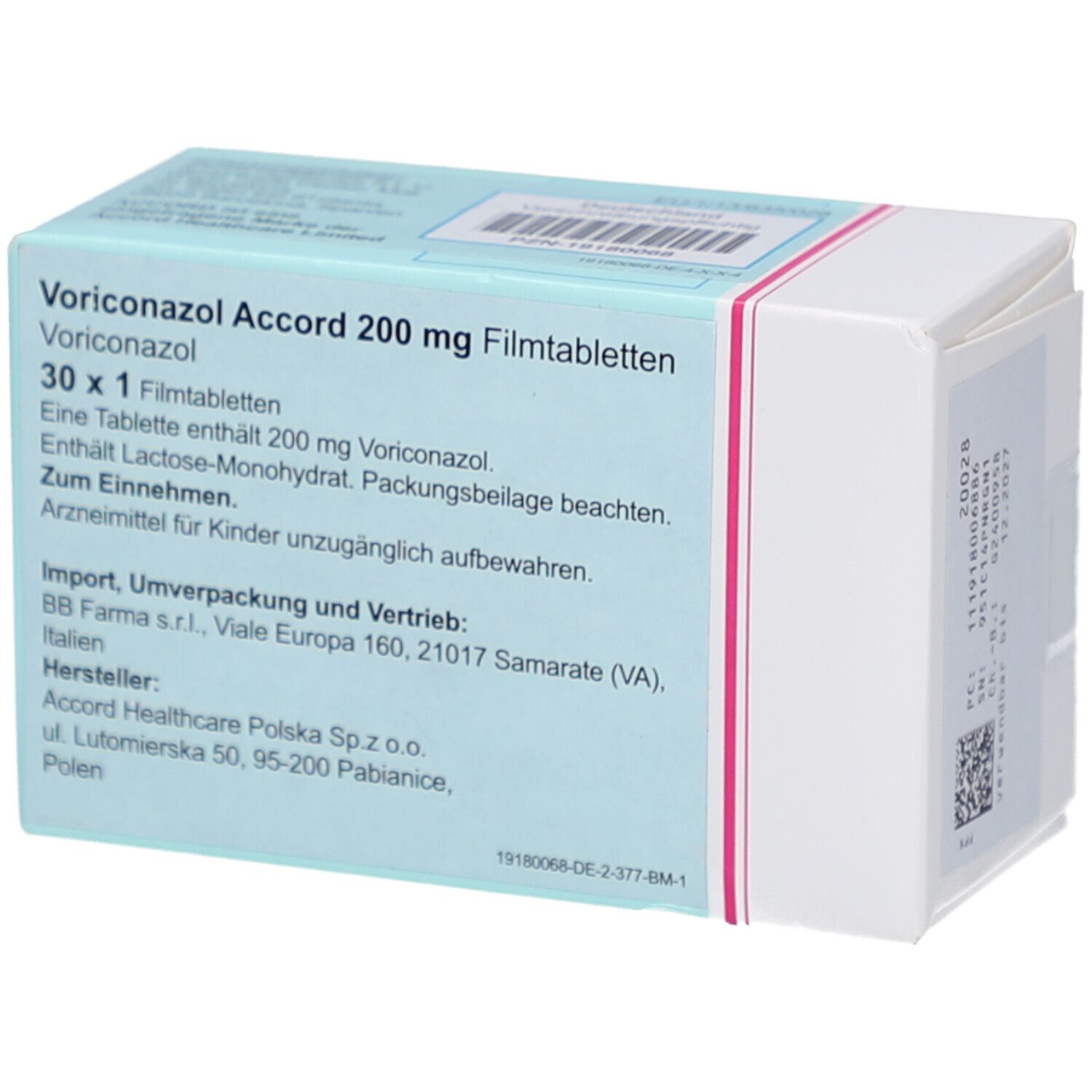 Rückseite der Schachtel mit VORICONAZOL Accord 200 mg Filmtabletten. Textinformationen und Barcode.