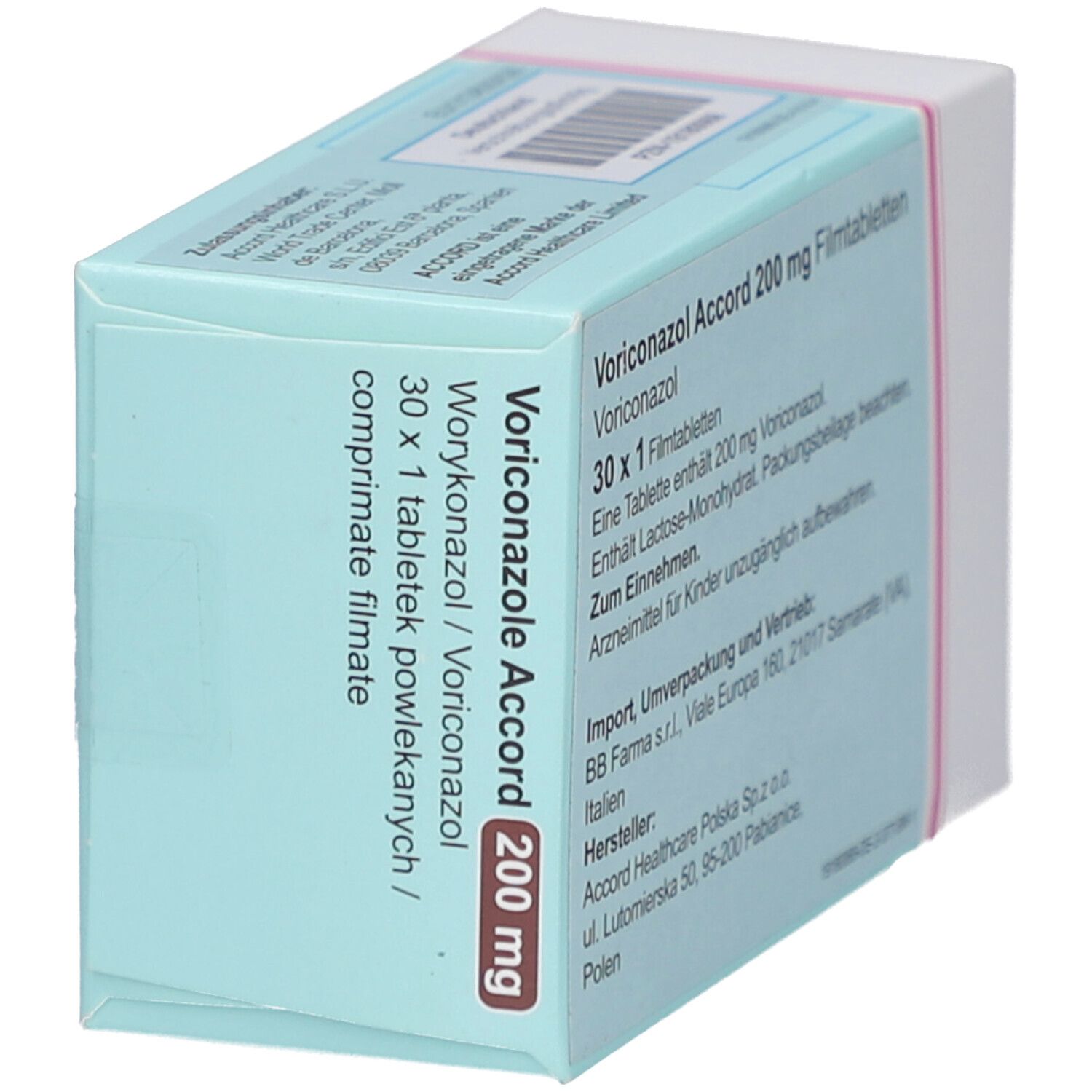 Schachtel mit VORICONAZOL Accord 200 mg Filmtabletten. Ansicht von der Seite. Textinformationen.