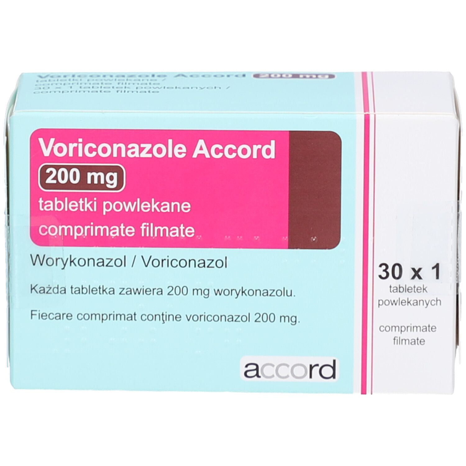 Schachtel mit VORICONAZOL Accord 200 mg Filmtabletten. Aufschrift: 200 mg, Tabletten, 30 x 1. Rosa und blaue Farbgebung.