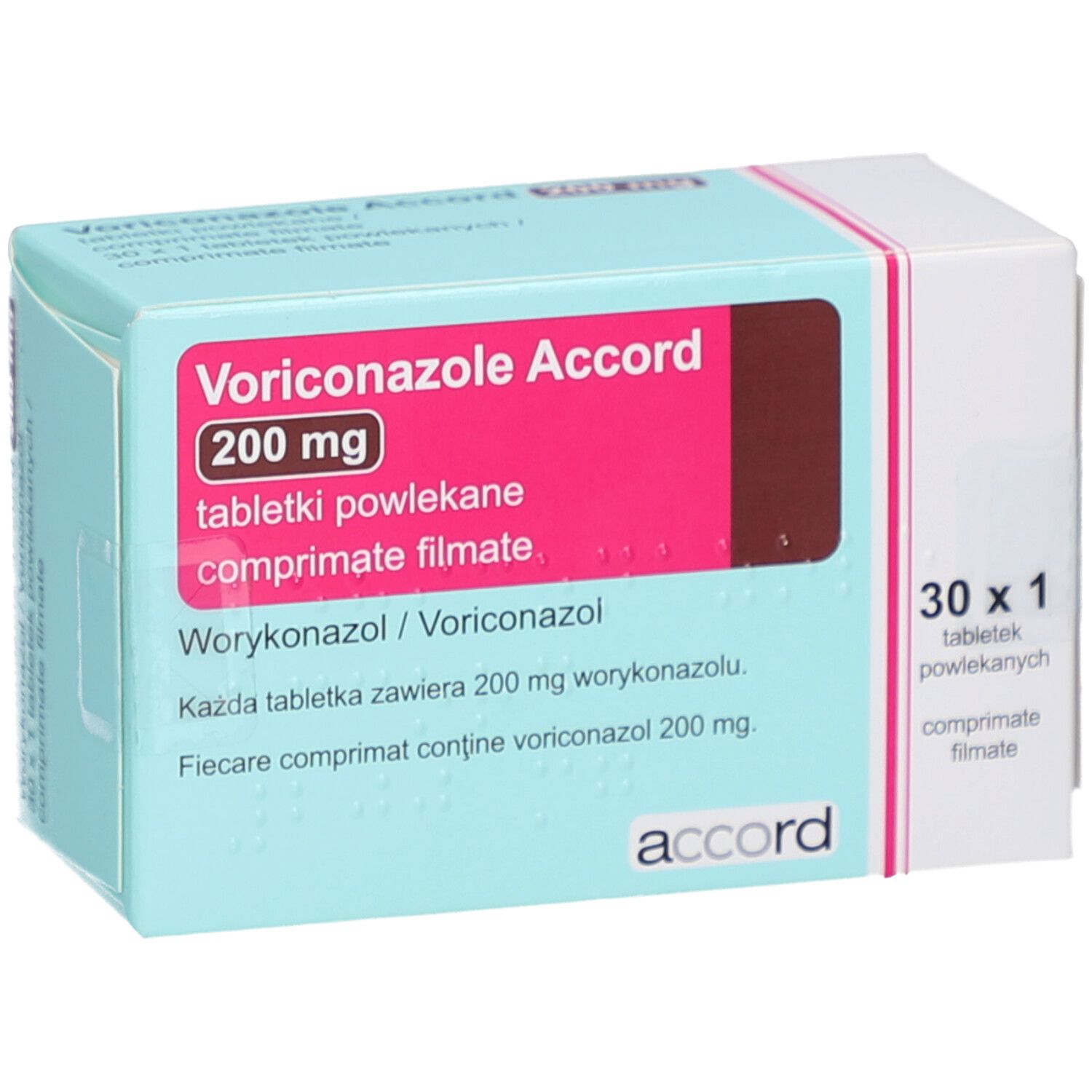 Schachtel mit VORICONAZOL Accord 200 mg Filmtabletten. Aufschrift: 200 mg, Tabletten, 30 x 1. Rosa und blaue Farbgebung.