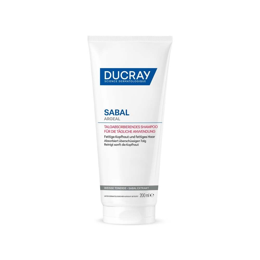 Weißes Shampoo-Tube mit blauer Aufschrift. Enthält SABAL ARGEAL, talgabsorbierendes Shampoo. Marke: DUCRAY.