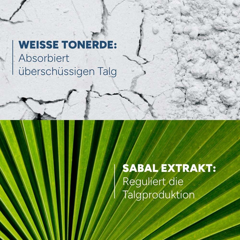 Zwei Bilder. Oben: Weiße Tonerde. Text: Absorbiert überschüssigen Talg. Unten: Sabal Extrakt. Text: Reguliert die Talgproduktion.