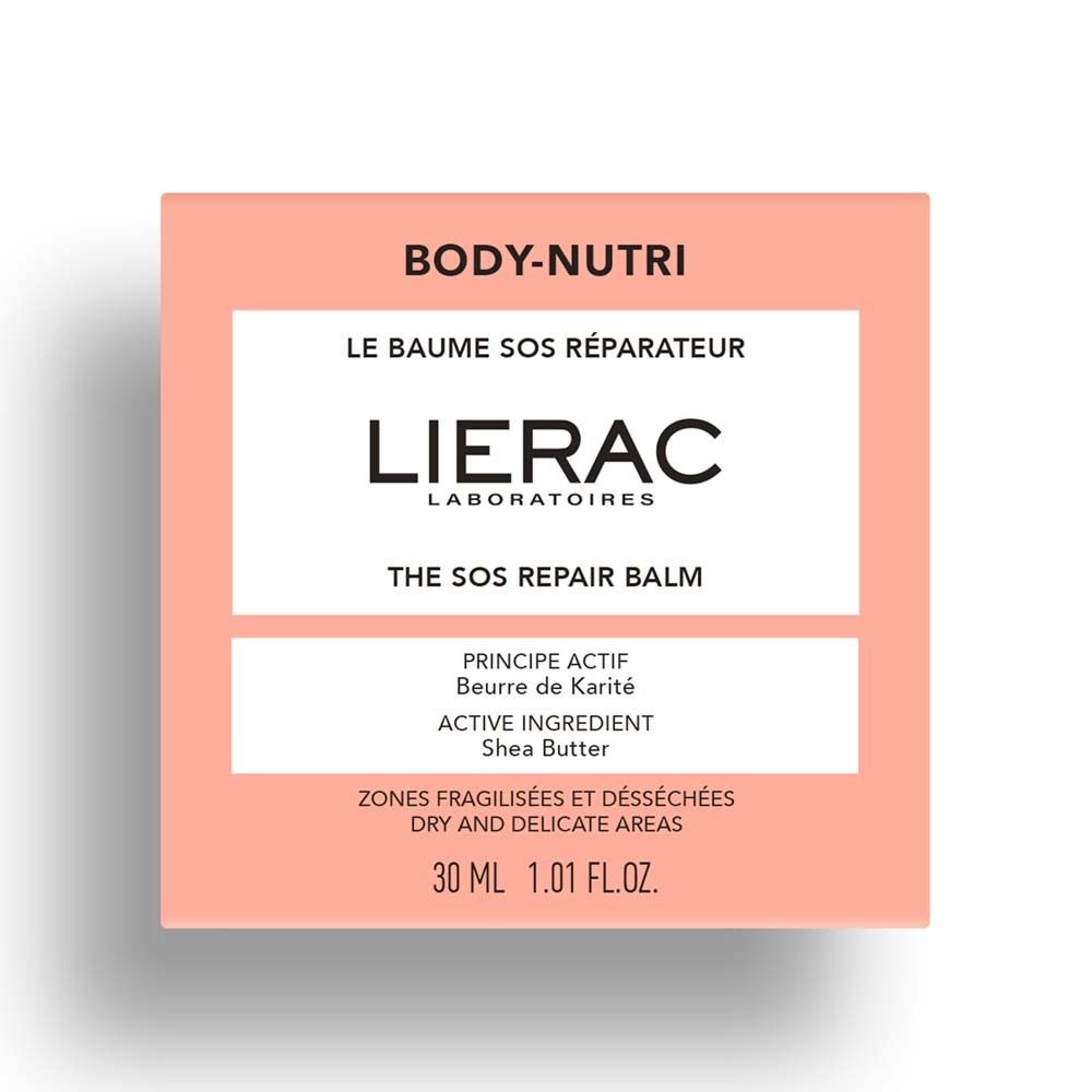 Rosa Verpackung mit weißem Etikett. Text: BODY-NUTRI, LIERAC, LE BAUME SOS RÉPARATEUR, THE SOS REPAIR BALM. Inhaltsstoffe und Volumen.
