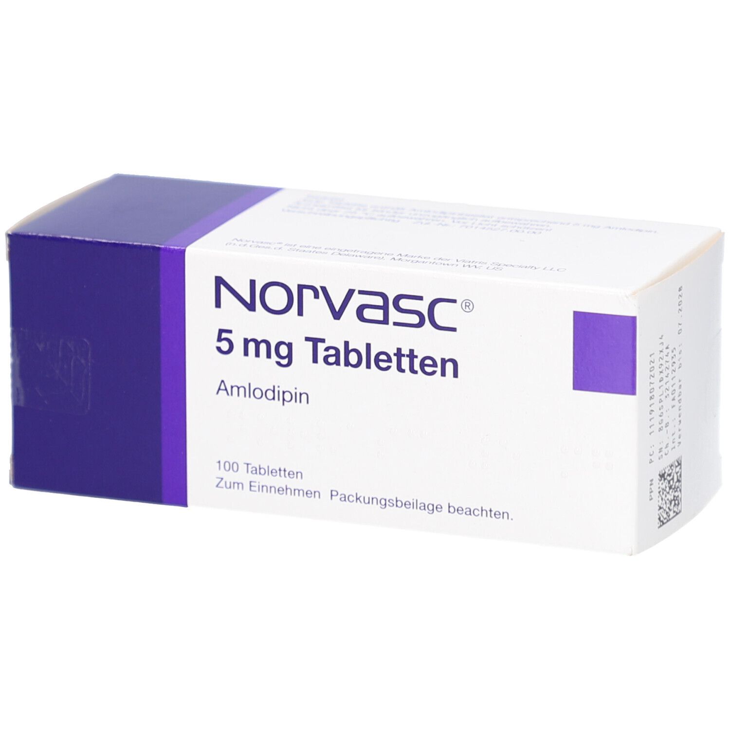 Schachtel NORVASC 5 mg Tabletten. Weiß mit lila Akzenten. Aufschrift: NORVASC, 5 mg Tabletten, Amlodipin. 100 Tabletten.