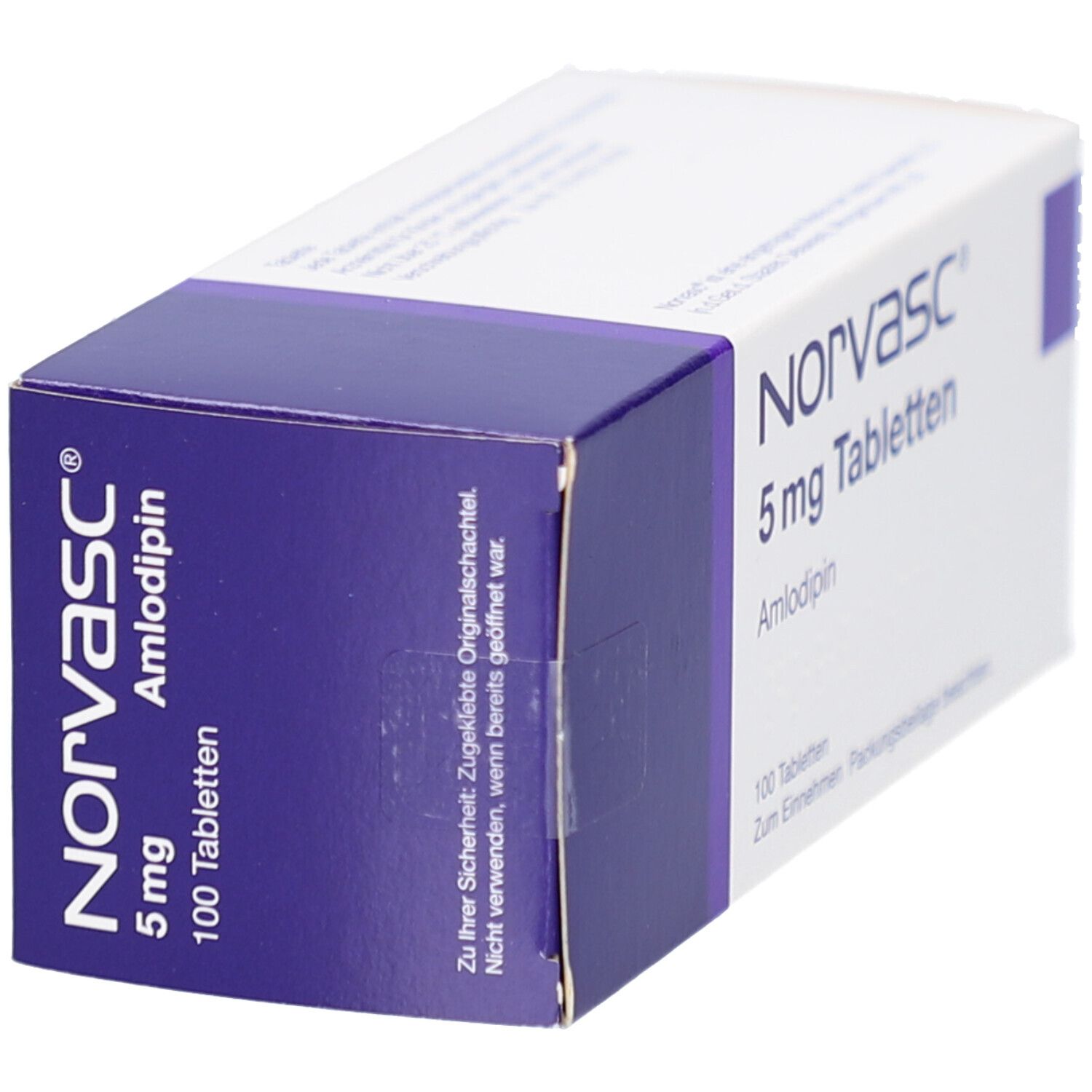 Schachtel NORVASC 5 mg Tabletten, schräg. Weiß mit lila Akzenten. Aufschrift: NORVASC, 5 mg Tabletten, Amlodipin. 100 Tabletten.