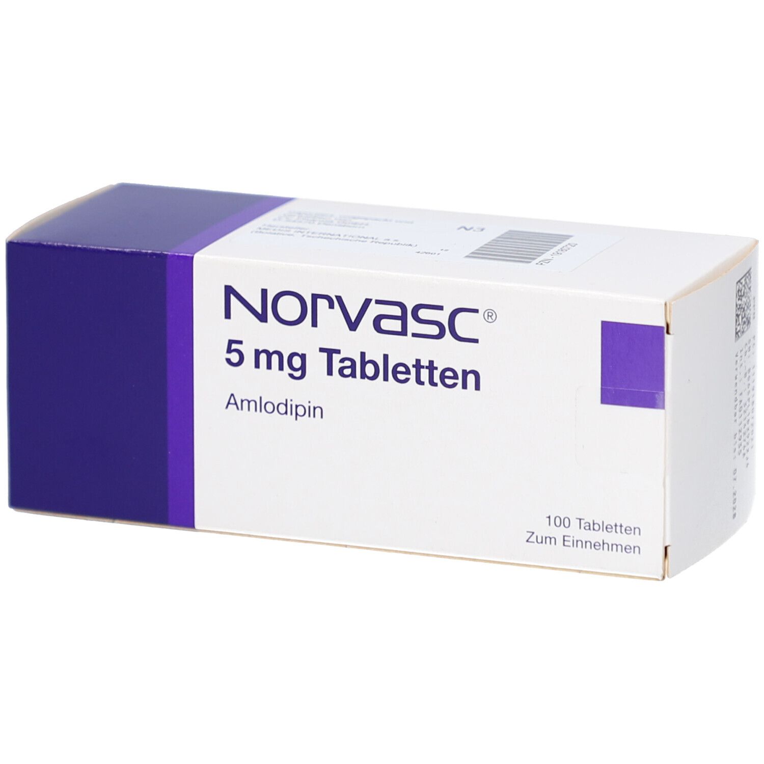 Schachtel NORVASC 5 mg Tabletten. Weiß mit lila Akzenten. Aufschrift: NORVASC, 5 mg Tabletten, Amlodipin. 100 Tabletten.