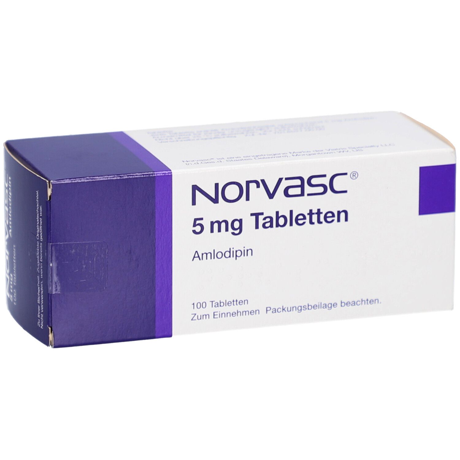 Schachtel NORVASC 5 mg Tabletten. Weiß mit lila Akzenten. Aufschrift: NORVASC, 5 mg Tabletten, Amlodipin. 100 Tabletten.