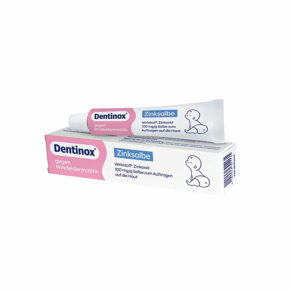 Dentinox Zinksalbe, Tube und Schachtel. Aufschrift: gegen Windeldermatitis. Enthält Zinkoxid.