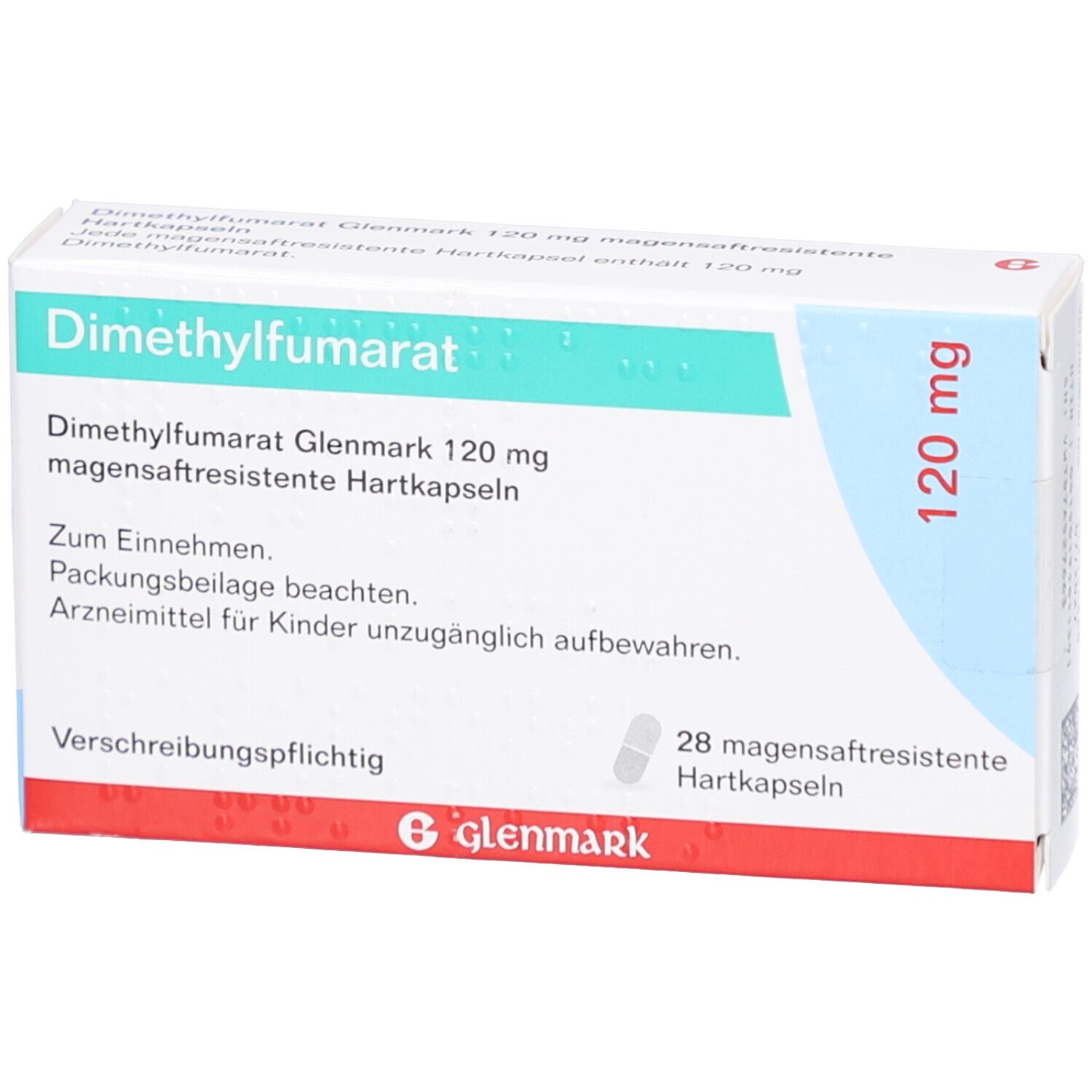 Schachtel mit Dimethylfumarat Glenmark 120 mg. Enthält 28 magensaftresistente Hartkapseln. Marke Glenmark.