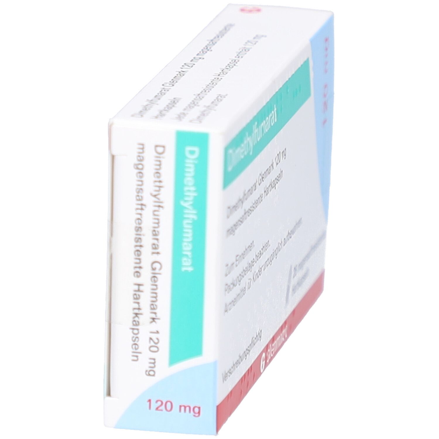 Schachtel Dimethylfumarat Glenmark 120 mg. Seitenansicht. Text und Logo Glenmark sichtbar.