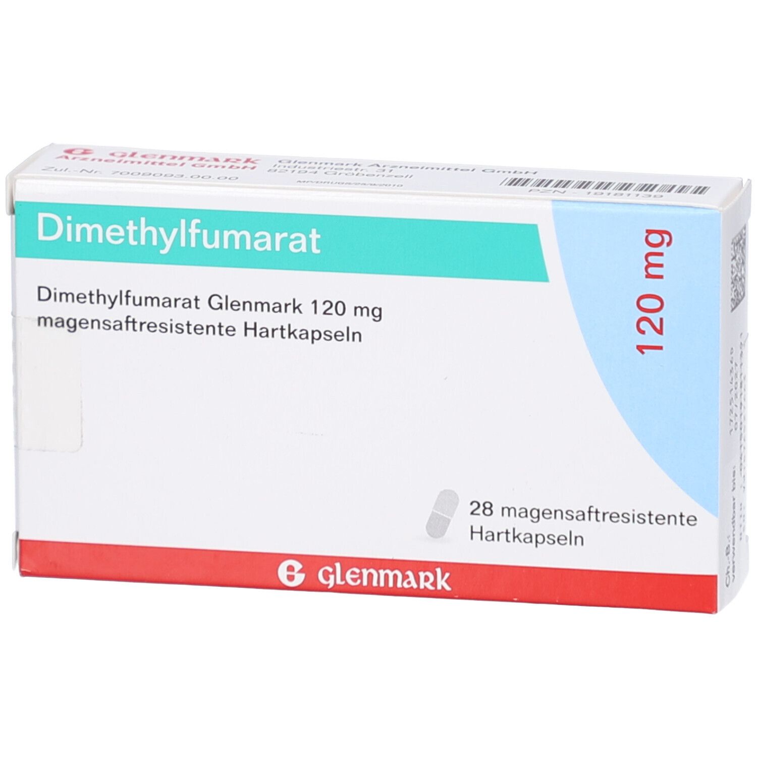 Schachtel Dimethylfumarat Glenmark 120 mg. Enthält 28 magensaftresistente Hartkapseln. Marke Glenmark.