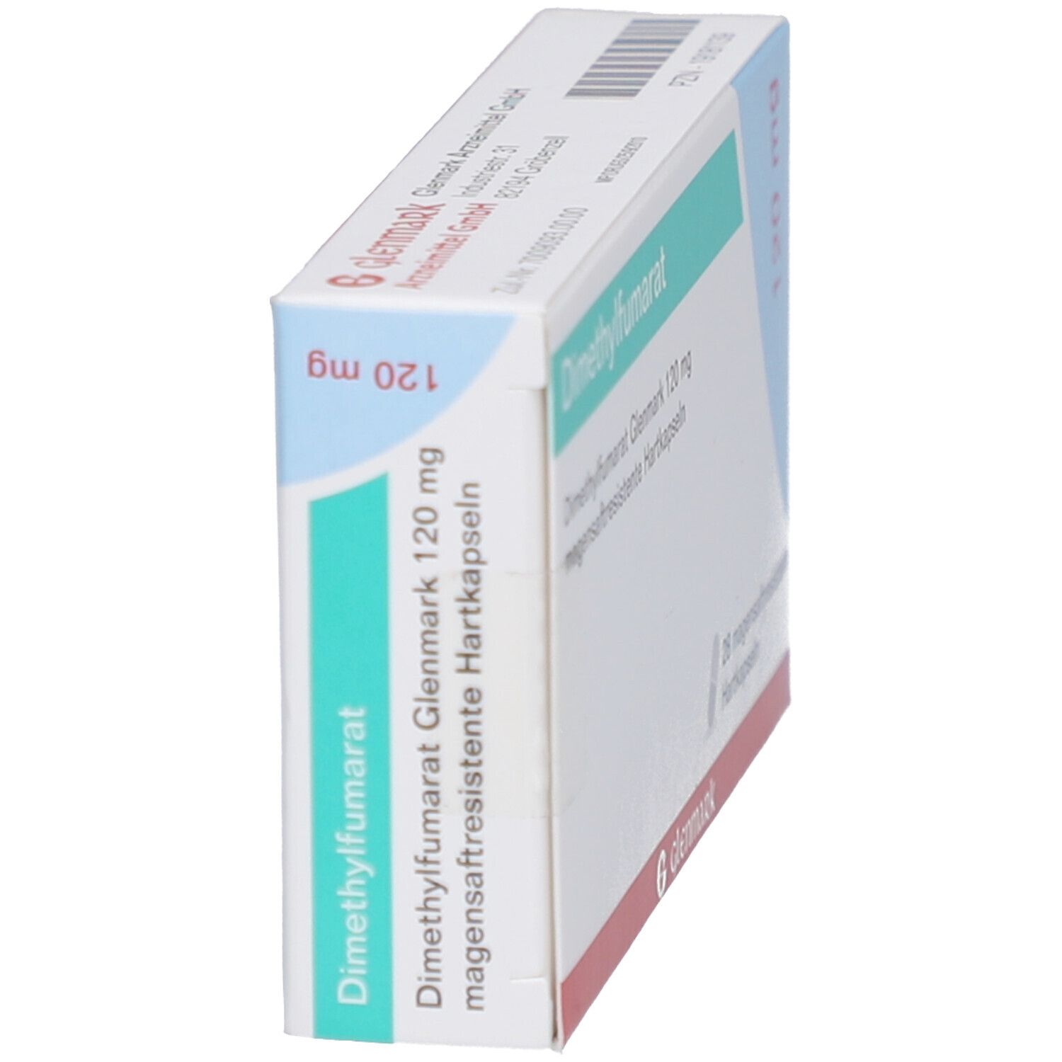 Schachtel Dimethylfumarat Glenmark 120 mg. Seitenansicht. Text und Logo Glenmark sichtbar.