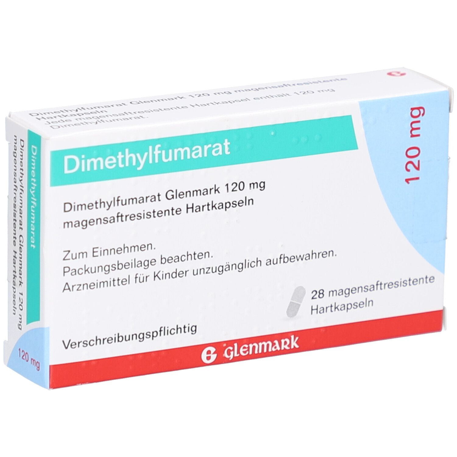 Schachtel Dimethylfumarat Glenmark 120 mg. Enthält 28 magensaftresistente Hartkapseln. Marke Glenmark.