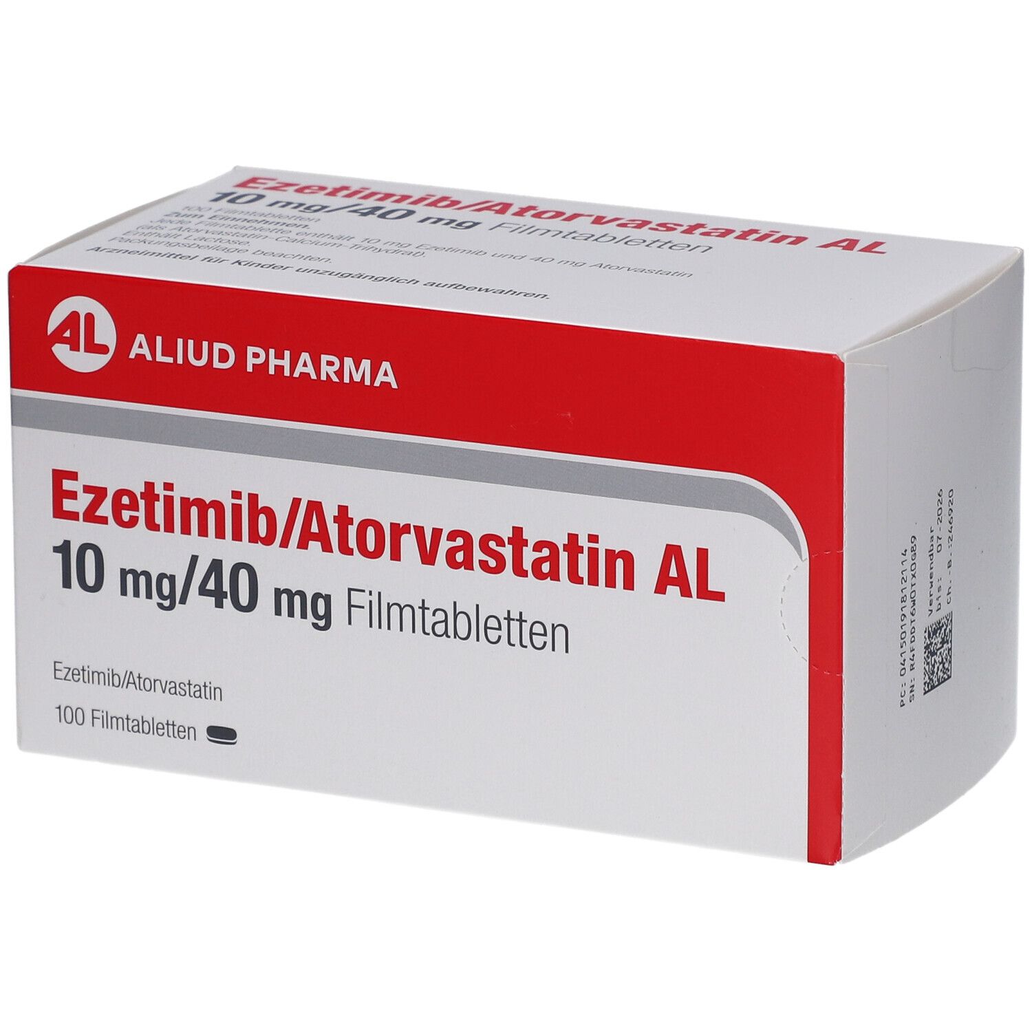 Schachtel mit Medikamenten. Aufschrift: Ezetimib/Atorvastatin AL 10 mg/40 mg Filmtabletten. Marke: AL. 100 Filmtabletten.
