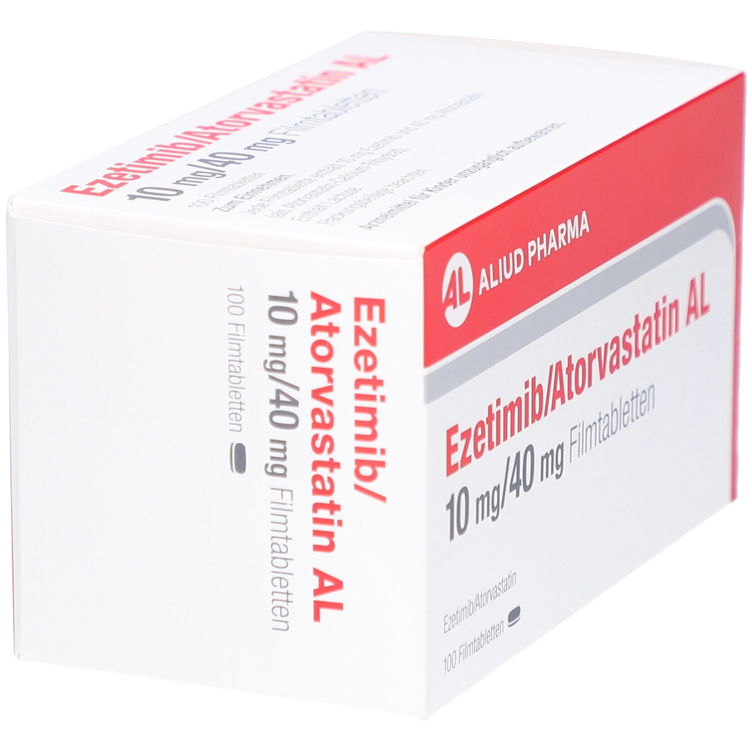 Medikamentenverpackung. Aufschrift: Ezetimib/Atorvastatin AL 10 mg/40 mg Filmtabletten. Marke: AL. 100 Filmtabletten.