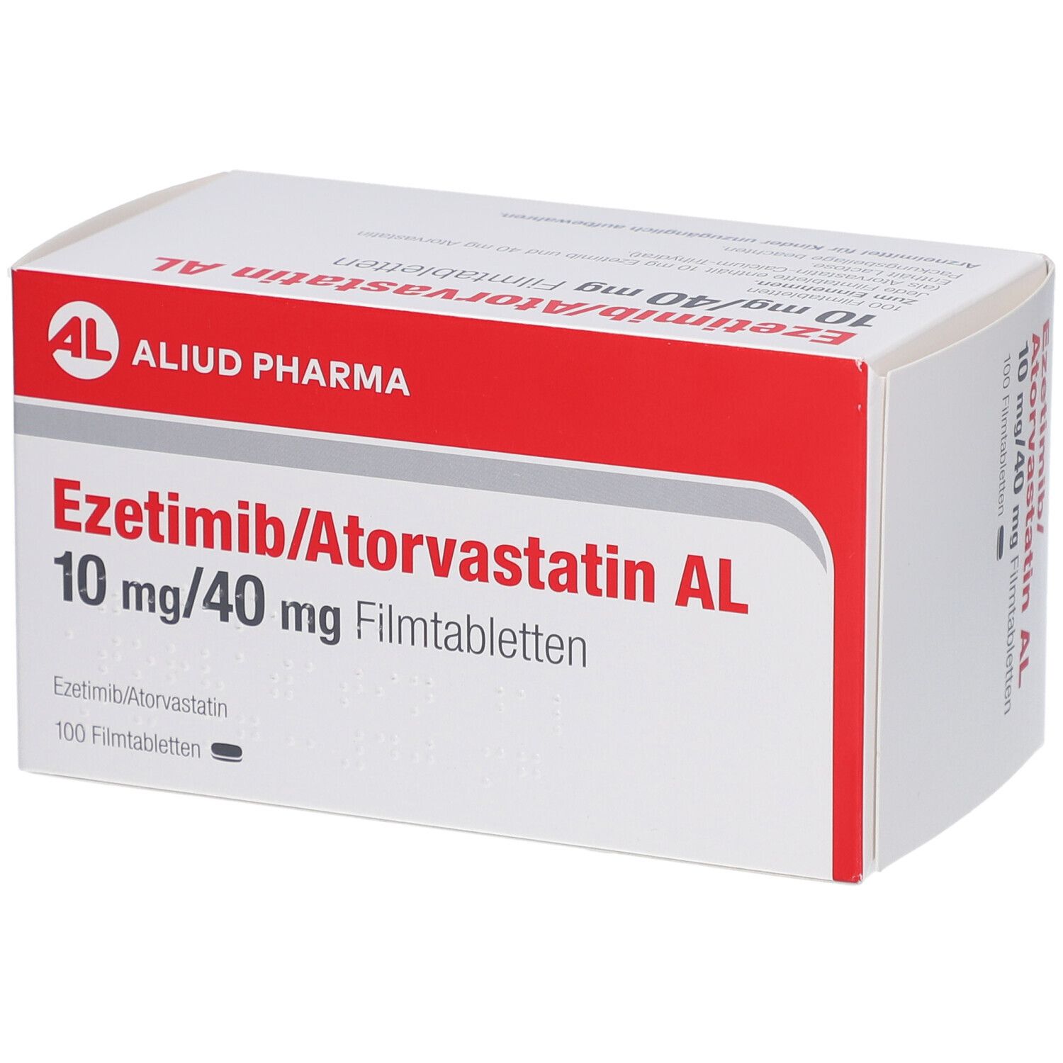 Medikamentenverpackung. Aufschrift: Ezetimib/Atorvastatin AL 10 mg/40 mg Filmtabletten. Marke: AL. 100 Filmtabletten.