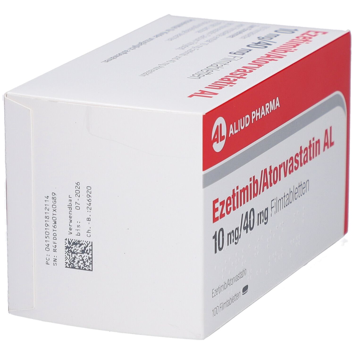 Medikamentenverpackung. Aufschrift: Ezetimib/Atorvastatin AL 10 mg/40 mg Filmtabletten. Marke: AL. QR-Code und Chargennummer.