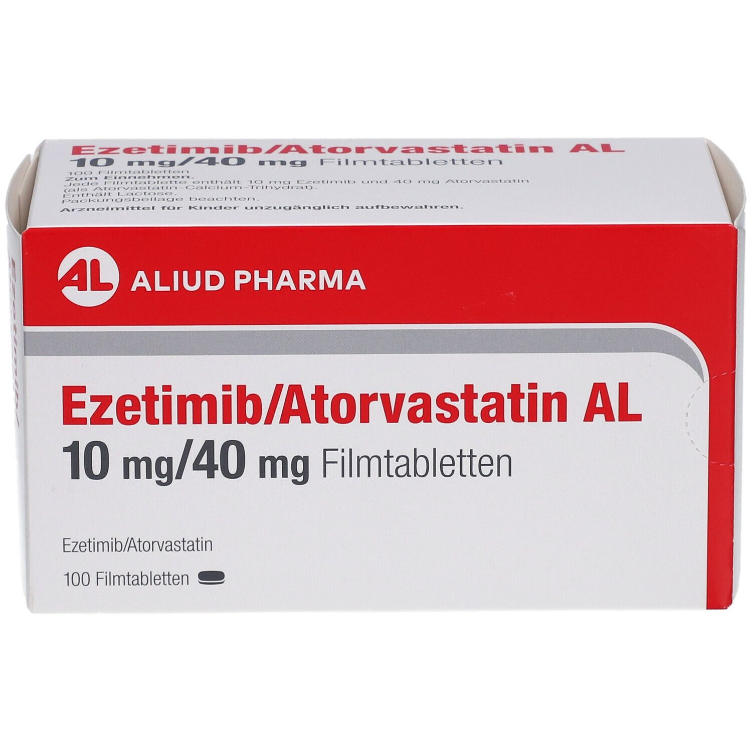 Medikamentenverpackung. Aufschrift: Ezetimib/Atorvastatin AL 10 mg/40 mg Filmtabletten. Marke: AL. 100 Filmtabletten.