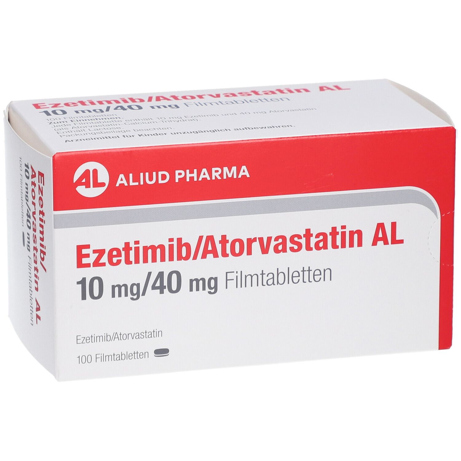 Medikamentenverpackung. Aufschrift: Ezetimib/Atorvastatin AL 10 mg/40 mg Filmtabletten. Marke: AL. 100 Filmtabletten.