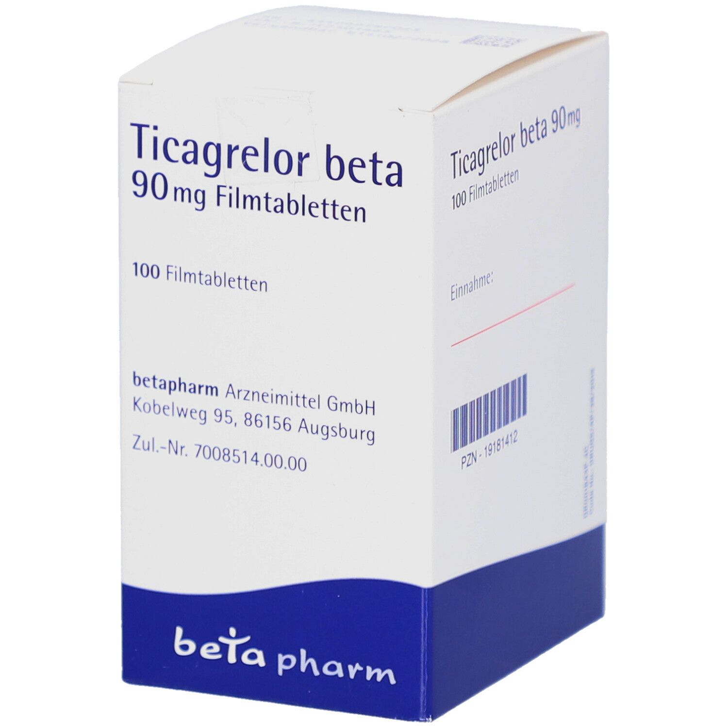Weiß-blaue Faltschachtel mit Aufschrift Ticagrelor beta 90 mg Filmtabletten. Enthält 100 Filmtabletten. Logo betapharm.